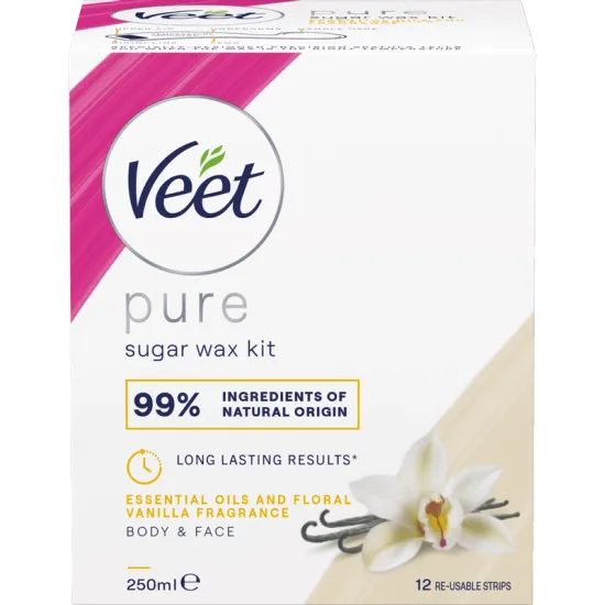 Veet Pure Sugar Wax Kit Vaniljan tuoksu Keho & Kasvot 250 ml